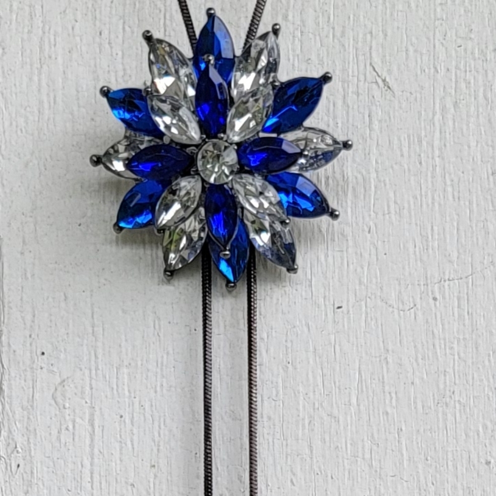 Vintage  Blue and White Rhinestone Lotus Floral Pendant On A Drop Necklace
